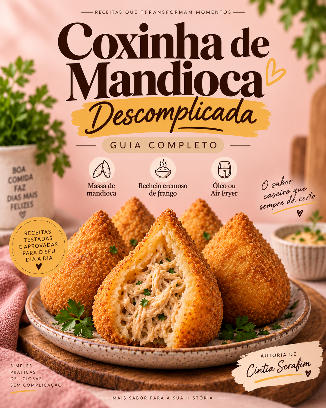Capa do e-book Coxinha de Mandioca Descomplicada, de Cíntia Serafim