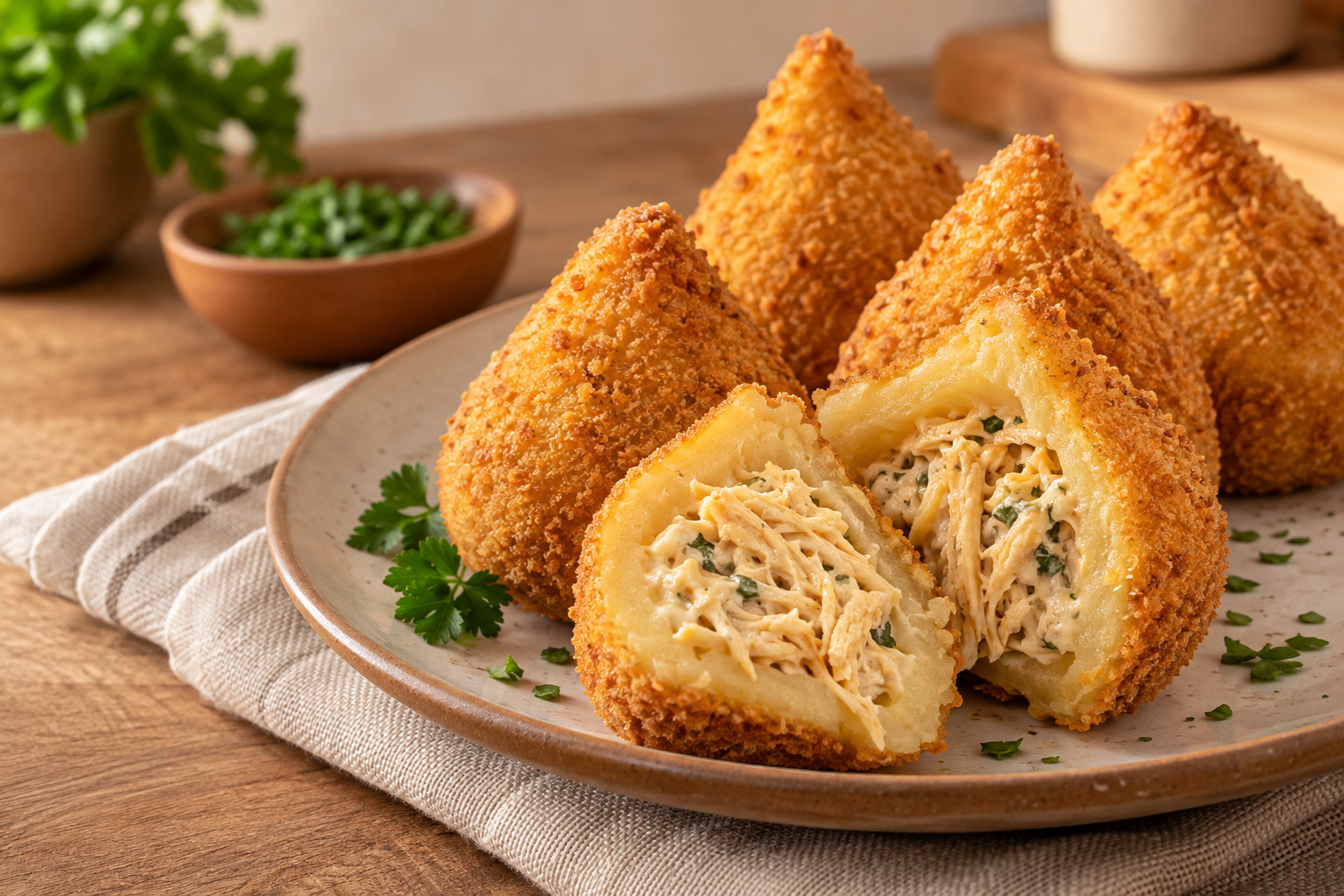 Coxinhas de mandioca douradas, com uma unidade aberta mostrando o recheio cremoso de frango